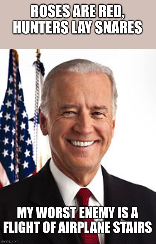 Roses are red | ROSES ARE RED, HUNTERS LAY SNARES; MY WORST ENEMY IS A FLIGHT OF AIRPLANE STAIRS | image tagged in memes,joe biden,fun,roses are red | made w/ Imgflip meme maker