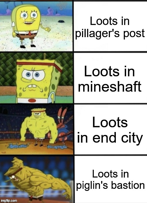 Free netherite ingots? | Loots in pillager's post; Loots in mineshaft; Loots in end city; Loots in piglin's bastion | image tagged in spongebob strength | made w/ Imgflip meme maker