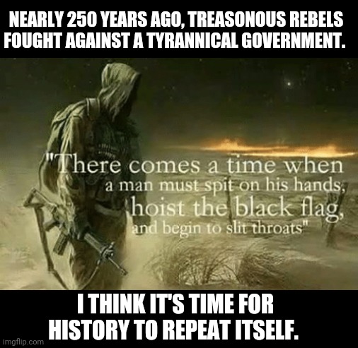 NEARLY 250 YEARS AGO, TREASONOUS REBELS FOUGHT AGAINST A TYRANNICAL GOVERNMENT. I THINK IT'S TIME FOR HISTORY TO REPEAT ITSELF. | image tagged in revolution | made w/ Imgflip meme maker