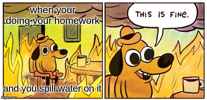 This Is Fine Meme | when your doing your homework; and you spill water on it | image tagged in memes,this is fine | made w/ Imgflip meme maker
