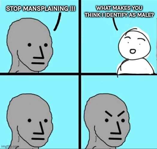 STOP MANSPLAINING !!! | STOP MANSPLAINING !!! WHAT MAKES YOU THINK I IDENTIFY AS MALE? | image tagged in npc meme,mansplaining,identify as male,transgender | made w/ Imgflip meme maker