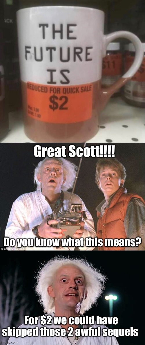 Great Scott!!!! Do you know what this means? For $2 we could have skipped those 2 awful sequels | image tagged in great scott bttf,great scott,memes | made w/ Imgflip meme maker