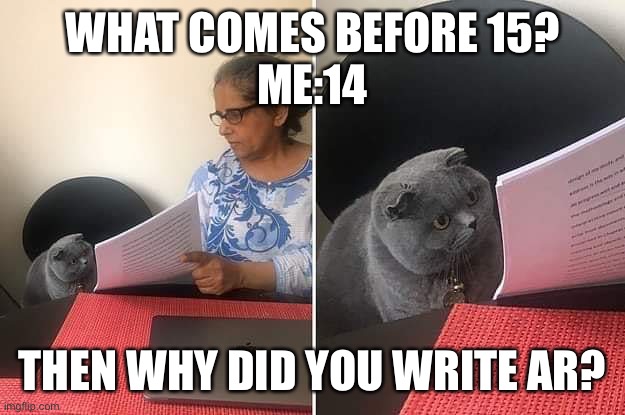 I can explain | WHAT COMES BEFORE 15?
ME:14; THEN WHY DID YOU WRITE AR? | image tagged in woman showing paper to cat | made w/ Imgflip meme maker