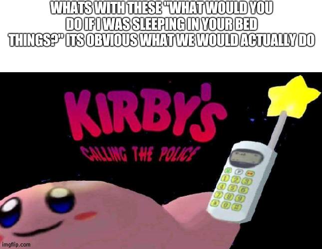 hmmmmmmmmmm | WHATS WITH THESE "WHAT WOULD YOU DO IF I WAS SLEEPING IN YOUR BED THINGS?" ITS OBVIOUS WHAT WE WOULD ACTUALLY DO | image tagged in kirby's calling the police | made w/ Imgflip meme maker