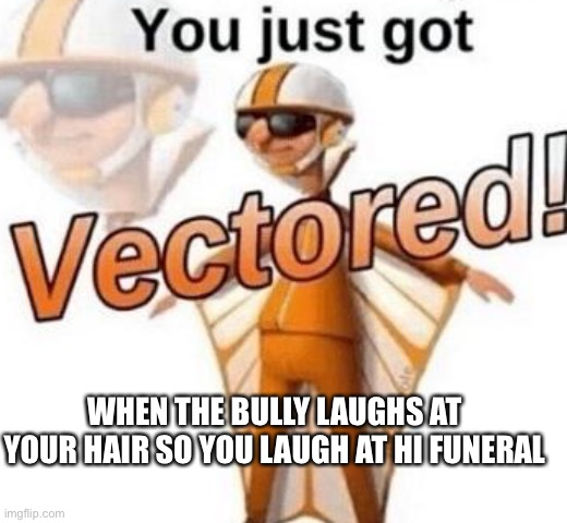 You just got vectored | WHEN THE BULLY LAUGHS AT YOUR HAIR SO YOU LAUGH AT HI FUNERAL | image tagged in you just got vectored,memes,funny,vector | made w/ Imgflip meme maker