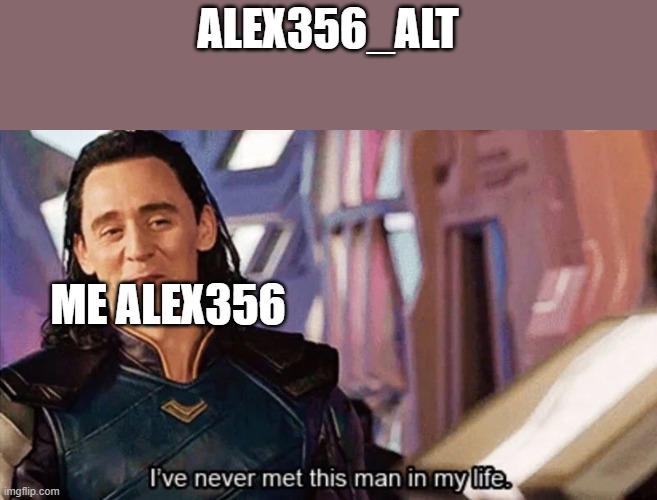 who are you | ALEX356_ALT; ME ALEX356 | image tagged in i have never met this man in my life | made w/ Imgflip meme maker
