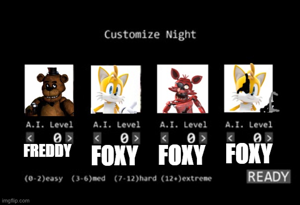 fnaf 1 custom night | FOXY; FOXY; FREDDY; FOXY | image tagged in fnaf 1 custom night,foxy,tails,tails the fox,tails miles prower,five nights at freddy's | made w/ Imgflip meme maker