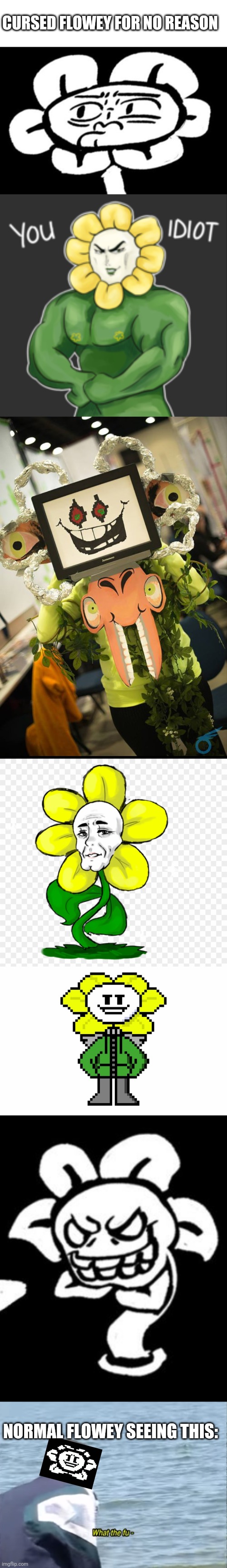 I had a flowey obsession recently | CURSED FLOWEY FOR NO REASON; NORMAL FLOWEY SEEING THIS: | image tagged in blank white template,what the fu- | made w/ Imgflip meme maker