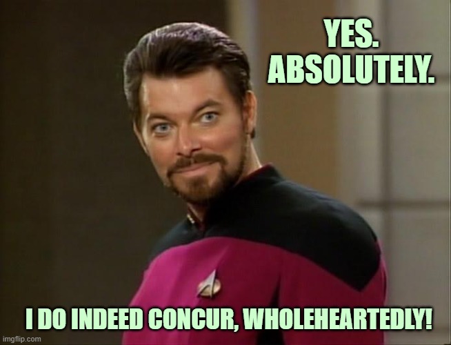 ◄► Reaction: Agreement Riker - his actual line [see comments] | YES. ABSOLUTELY. I DO INDEED CONCUR, WHOLEHEARTEDLY! | image tagged in agreed,yes,riker,star trek,comment,reaction | made w/ Imgflip meme maker