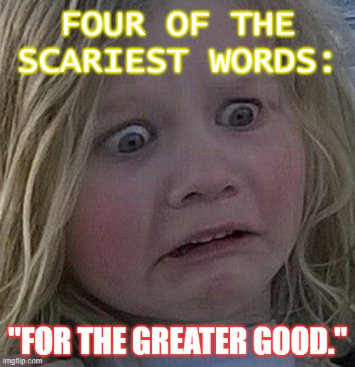 Four of the scariest words: "For the greater good." | FOUR OF THE SCARIEST WORDS:; "FOR THE GREATER GOOD." | image tagged in scared kid | made w/ Imgflip meme maker