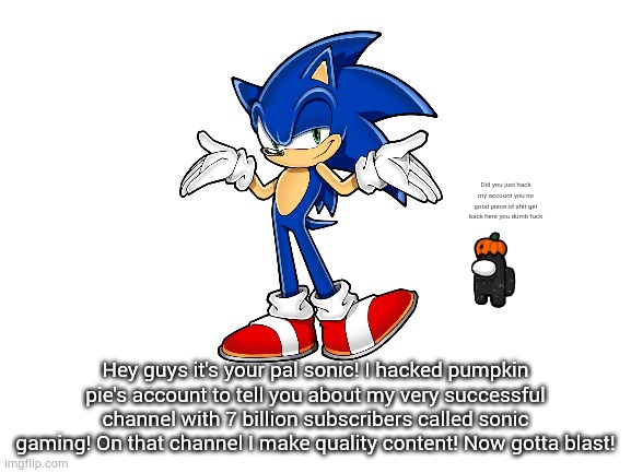 Blank White Template | Did you just hack my account you no good piece of shit get back here you dumb fuck; Hey guys it's your pal sonic! I hacked pumpkin pie's account to tell you about my very successful channel with 7 billion subscribers called sonic gaming! On that channel I make quality content! Now gotta blast! | image tagged in blank white template | made w/ Imgflip meme maker