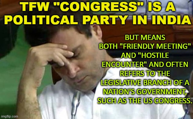 tfw "Congress" is a political party in India; But often refers to the legislative branch of a nation's government. | TFW "CONGRESS" IS A POLITICAL PARTY IN INDIA; BUT MEANS BOTH "FRIENDLY MEETING" AND "HOSTILE ENCOUNTER" AND OFTEN REFERS TO THE LEGISLATIVE BRANCH OF A NATION'S GOVERNMENT, SUCH AS THE US CONGRESS. | image tagged in rahul gandhi | made w/ Imgflip meme maker