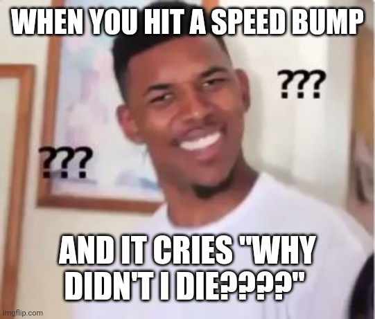 Plot twist | WHEN YOU HIT A SPEED BUMP; AND IT CRIES "WHY DIDN'T I DIE????" | image tagged in nick young | made w/ Imgflip meme maker