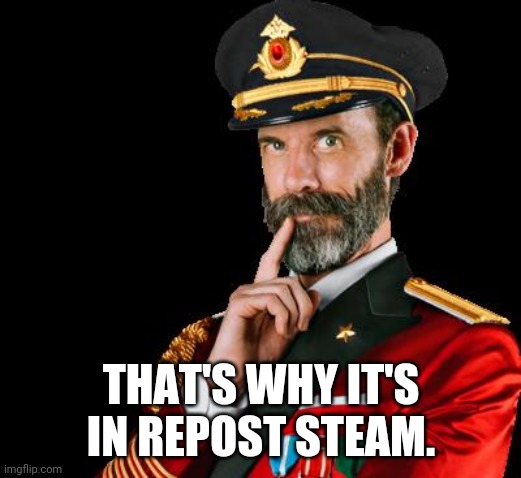 captain obvious | THAT'S WHY IT'S IN REPOST STEAM. | image tagged in captain obvious | made w/ Imgflip meme maker