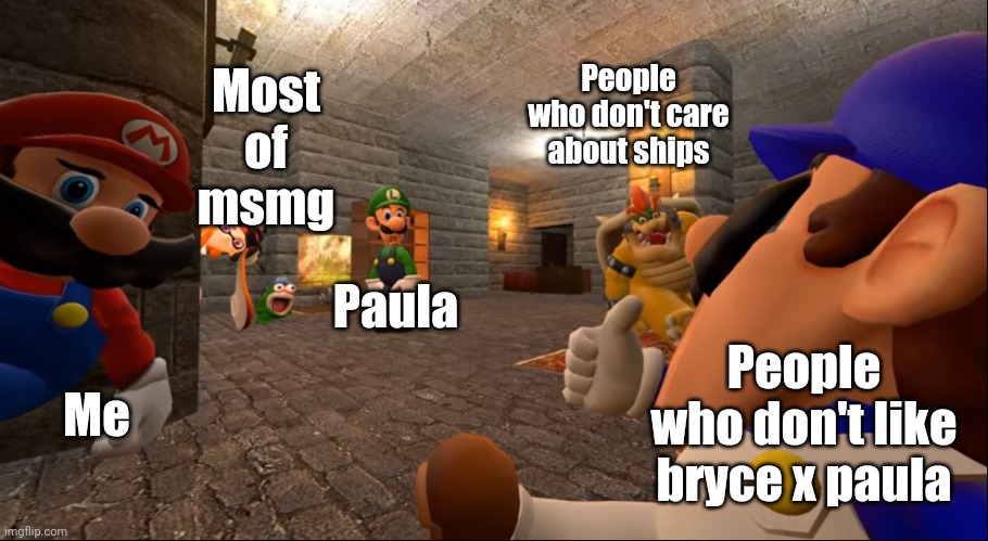 Smg4 pizza | Most of msmg; People who don't care about ships; Paula; Me; People who don't like bryce x paula | image tagged in smg4 pizza | made w/ Imgflip meme maker