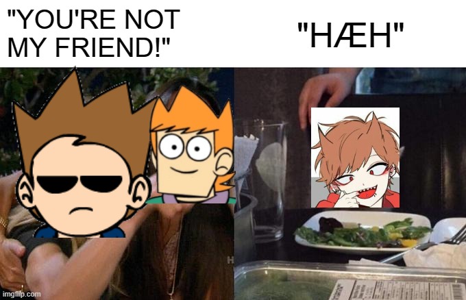 HÆH | "YOU'RE NOT 
MY FRIEND!"; "HÆH" | image tagged in memes,woman yelling at cat,eddsworld | made w/ Imgflip meme maker