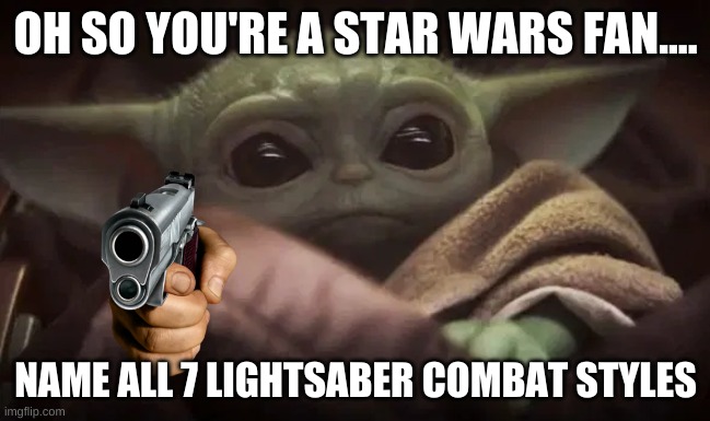 Baby Yoda | OH SO YOU'RE A STAR WARS FAN.... NAME ALL 7 LIGHTSABER COMBAT STYLES | image tagged in baby yoda | made w/ Imgflip meme maker