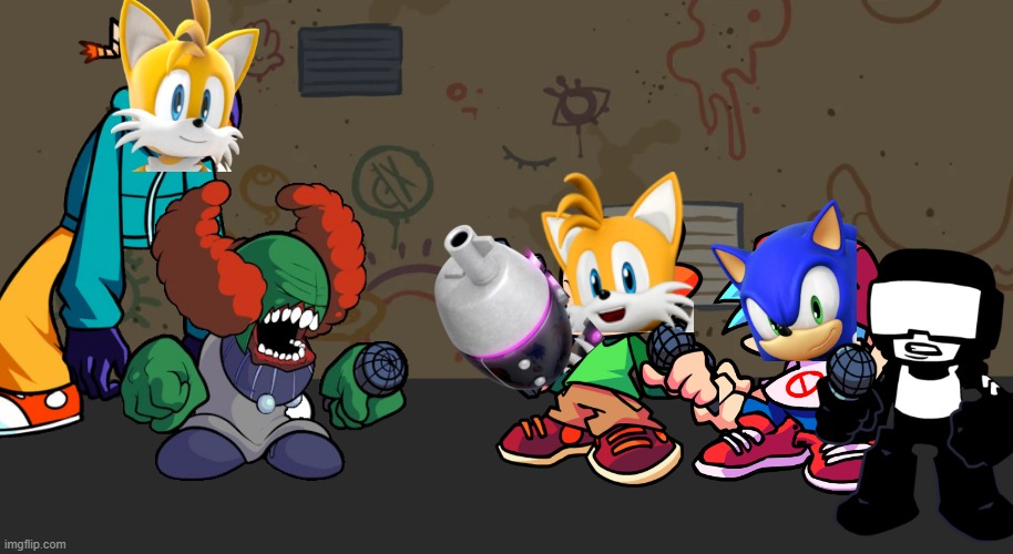 whittails and tricky vs sonic tails and tankman | image tagged in whitty backalley,friday night funkin,tails,sonic,whitty,tricky | made w/ Imgflip meme maker
