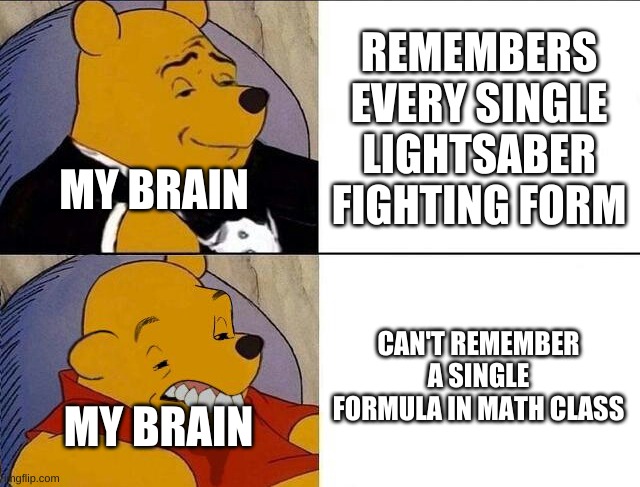 Tuxedo Winnie the Pooh grossed reverse | REMEMBERS EVERY SINGLE LIGHTSABER FIGHTING FORM; MY BRAIN; CAN'T REMEMBER A SINGLE FORMULA IN MATH CLASS; MY BRAIN | image tagged in tuxedo winnie the pooh grossed reverse | made w/ Imgflip meme maker