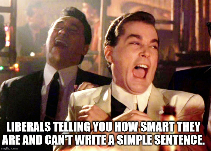 Good Fellas Hilarious Meme | LIBERALS TELLING YOU HOW SMART THEY ARE AND CAN'T WRITE A SIMPLE SENTENCE. | image tagged in memes,good fellas hilarious | made w/ Imgflip meme maker