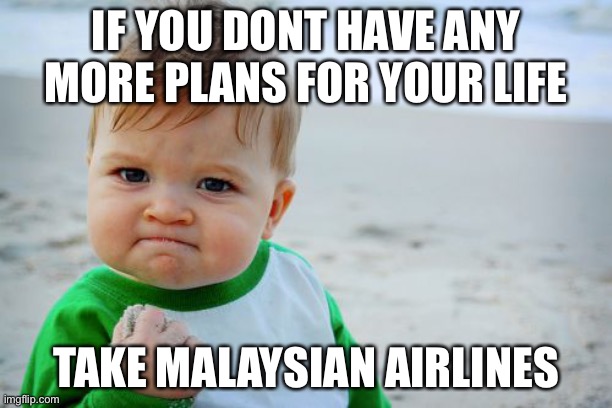 Hol up | IF YOU DONT HAVE ANY MORE PLANS FOR YOUR LIFE; TAKE MALAYSIAN AIRLINES | image tagged in memes,success kid original,malaysia airplane,dark humor,funny | made w/ Imgflip meme maker