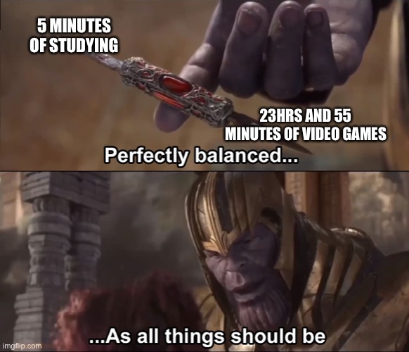 Thanos perfectly balanced as all things should be | 5 MINUTES OF STUDYING; 23HRS AND 55 MINUTES OF VIDEO GAMES | image tagged in thanos perfectly balanced as all things should be | made w/ Imgflip meme maker