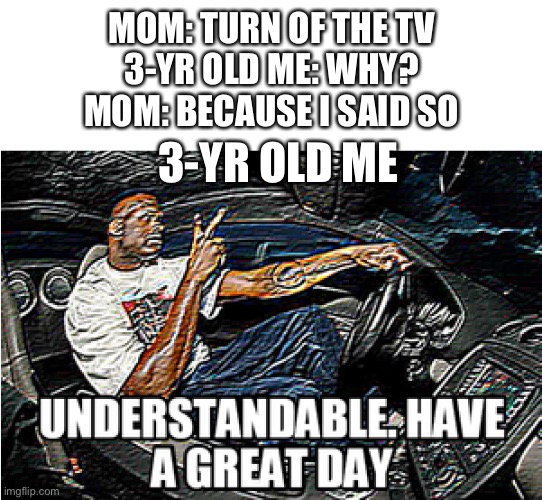 UNDERSTANDABLE, HAVE A GREAT DAY | MOM: TURN OF THE TV
3-YR OLD ME: WHY?
MOM: BECAUSE I SAID SO; 3-YR OLD ME | image tagged in understandable have a great day | made w/ Imgflip meme maker