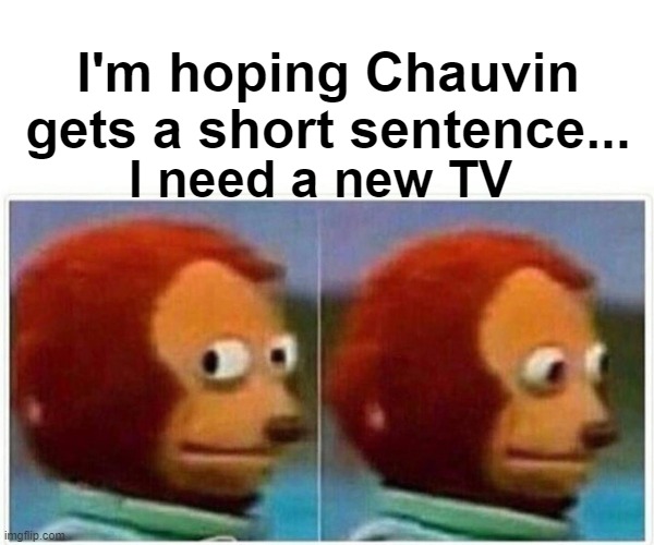 BLM Protests | I'm hoping Chauvin gets a short sentence... I need a new TV | image tagged in memes,monkey puppet,chauvin,politics,blm | made w/ Imgflip meme maker