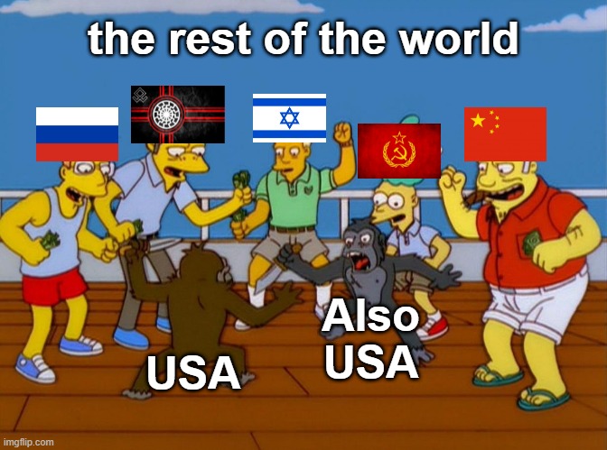 Simpsons Monkey Fight | the rest of the world; Also USA; USA | image tagged in simpsons monkey fight | made w/ Imgflip meme maker