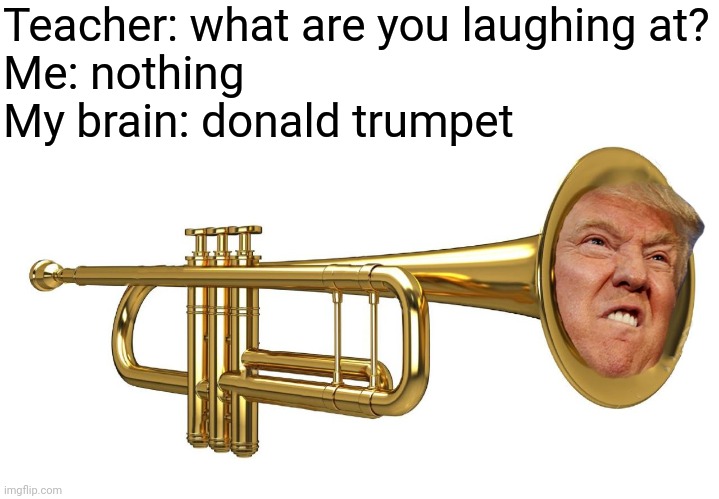Donald Trumpet | Teacher: what are you laughing at?
Me: nothing
My brain: donald trumpet | image tagged in donald trumpet | made w/ Imgflip meme maker