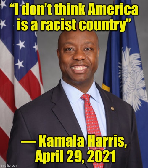 Kamala Harris agrees with Senator Scott | “I don’t think America
is a racist country”; — Kamala Harris,
 April 29, 2021 | image tagged in senator tim scott - american hero | made w/ Imgflip meme maker