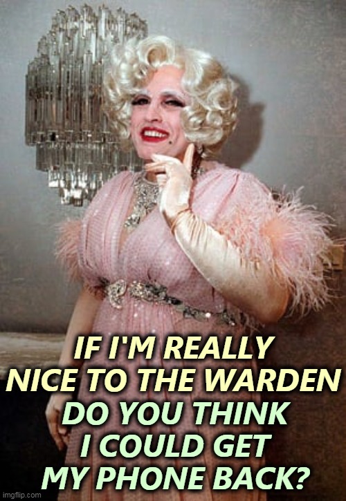 Do I get my choice of prisons? | DO YOU THINK I COULD GET MY PHONE BACK? IF I'M REALLY NICE TO THE WARDEN | image tagged in rudy giuliani looking for love in all the wrong places,rudy giuliani,guilty,prison,drag queen | made w/ Imgflip meme maker