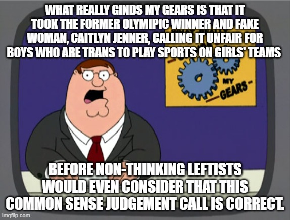 Yep . . . Republican Caitlyn Jenner is correct about this: | WHAT REALLY GINDS MY GEARS IS THAT IT TOOK THE FORMER OLYMIPIC WINNER AND FAKE WOMAN, CAITLYN JENNER, CALLING IT UNFAIR FOR BOYS WHO ARE TRANS TO PLAY SPORTS ON GIRLS' TEAMS; BEFORE NON-THINKING LEFTISTS WOULD EVEN CONSIDER THAT THIS COMMON SENSE JUDGEMENT CALL IS CORRECT. | image tagged in memes,peter griffin news | made w/ Imgflip meme maker
