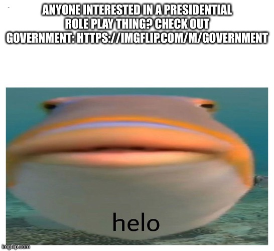 henlo fish | ANYONE INTERESTED IN A PRESIDENTIAL ROLE PLAY THING? CHECK OUT GOVERNMENT: HTTPS://IMGFLIP.COM/M/GOVERNMENT | image tagged in henlo fish | made w/ Imgflip meme maker