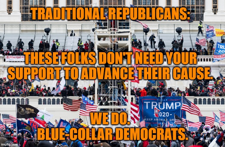 They Hijacked Your Party. | TRADITIONAL REPUBLICANS:; THESE FOLKS DON'T NEED YOUR SUPPORT TO ADVANCE THEIR CAUSE. WE DO. BLUE-COLLAR DEMOCRATS. | image tagged in politics | made w/ Imgflip meme maker