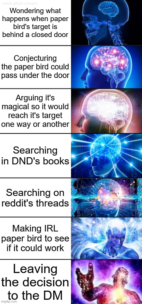7-Tier Expanding Brain | Wondering what happens when paper bird's target is behind a closed door; Conjecturing the paper bird could pass under the door; Arguing it's magical so it would reach it's target one way or another; Searching in DND's books; Searching on reddit's threads; Making IRL paper bird to see if it could work; Leaving the decision to the DM | image tagged in 7-tier expanding brain,dndmemes | made w/ Imgflip meme maker