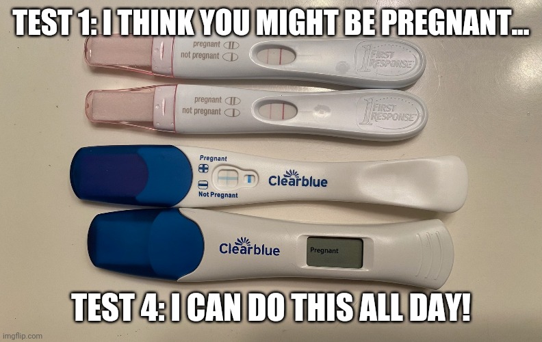 Pregnancy fun | TEST 1: I THINK YOU MIGHT BE PREGNANT... TEST 4: I CAN DO THIS ALL DAY! | image tagged in pregnancy test | made w/ Imgflip meme maker