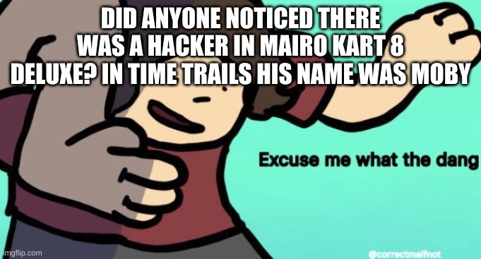 Excuse me what the dang | DID ANYONE NOTICED THERE WAS A HACKER IN MAIRO KART 8 DELUXE? IN TIME TRAILS HIS NAME WAS MOBY | image tagged in excuse me what the dang | made w/ Imgflip meme maker