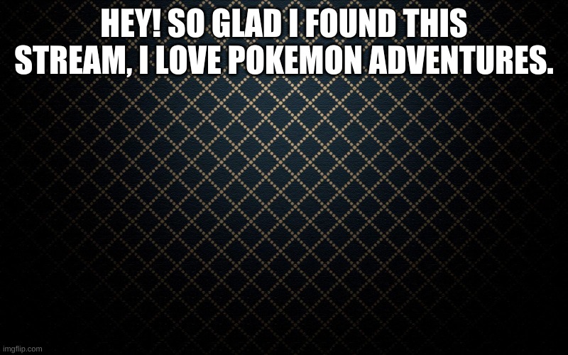(Note from mod: I'm glad you did too! So happy to have you!) | HEY! SO GLAD I FOUND THIS STREAM, I LOVE POKEMON ADVENTURES. | image tagged in black rectangle with pattern | made w/ Imgflip meme maker