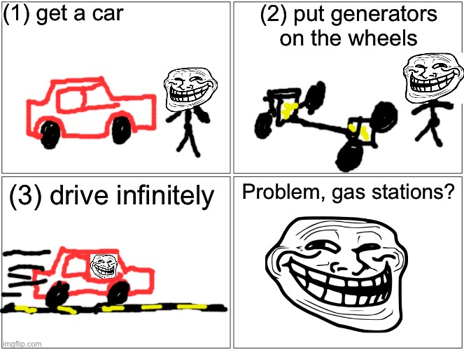 How to drive infinitely | (1) get a car; (2) put generators on the wheels; (3) drive infinitely; Problem, gas stations? | image tagged in memes,blank comic panel 2x2 | made w/ Imgflip meme maker