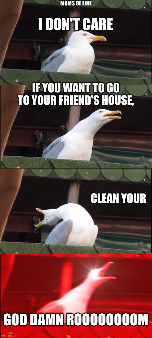 moms be like... |  MOMS BE LIKE; I DON'T CARE; IF YOU WANT TO GO TO YOUR FRIEND'S HOUSE, CLEAN YOUR; GOD DAMN ROOOOOOOOM | image tagged in memes,inhaling seagull | made w/ Imgflip meme maker