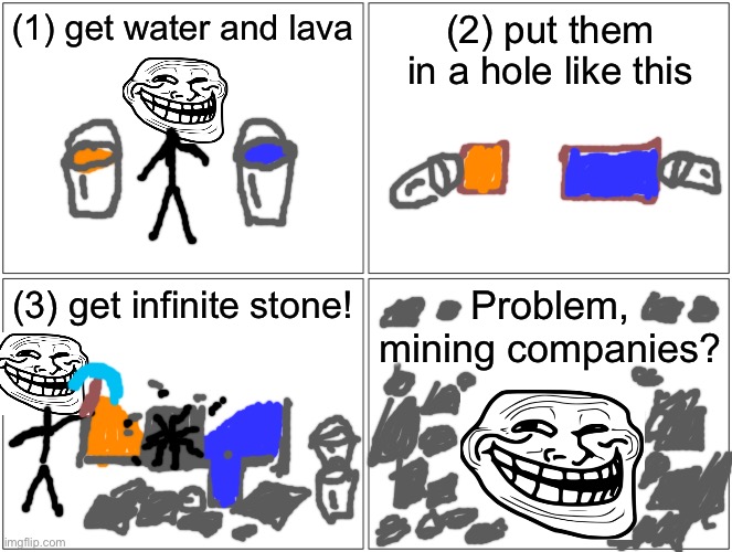 How to get infinite stone | (1) get water and lava; (2) put them in a hole like this; (3) get infinite stone! Problem, mining companies? | image tagged in memes,blank comic panel 2x2 | made w/ Imgflip meme maker