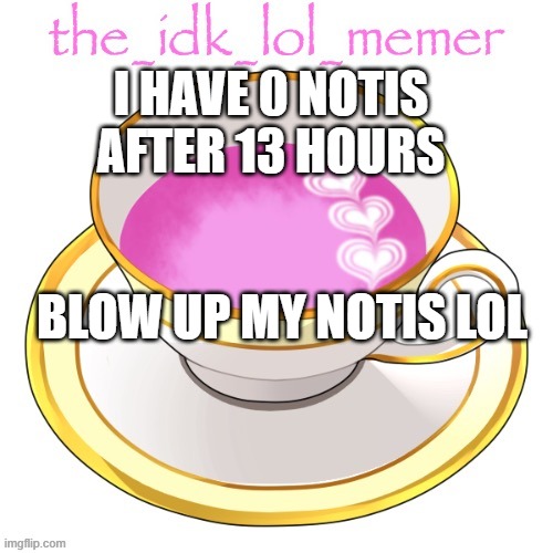 pls | I HAVE 0 NOTIS AFTER 13 HOURS; BLOW UP MY NOTIS LOL | image tagged in the_idk_lol_memer temp | made w/ Imgflip meme maker