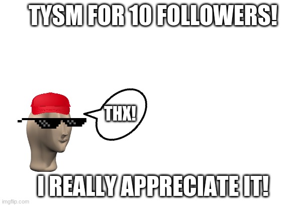 THANK YOU SO MUCHH! | TYSM FOR 10 FOLLOWERS! THX! I REALLY APPRECIATE IT! | image tagged in blank for making your own meme,thx,thank,u so,much,lets reach 15 follows | made w/ Imgflip meme maker