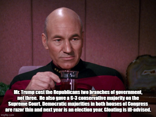 Picard Earl Grey tea | Mr. Trump cost the Republicans two branches of government, not three.  He also gave a 6-3 conservative majority on the Supreme Court. Democr | image tagged in picard earl grey tea | made w/ Imgflip meme maker