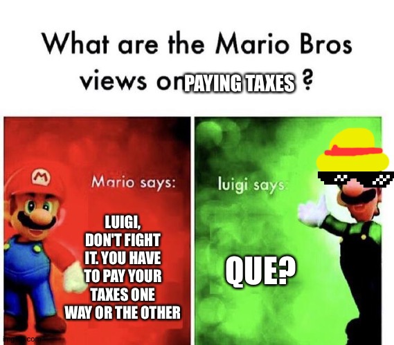 Mario Bros Views | PAYING TAXES; LUIGI, DON'T FIGHT IT. YOU HAVE TO PAY YOUR TAXES ONE WAY OR THE OTHER; QUE? | image tagged in mario bros views | made w/ Imgflip meme maker