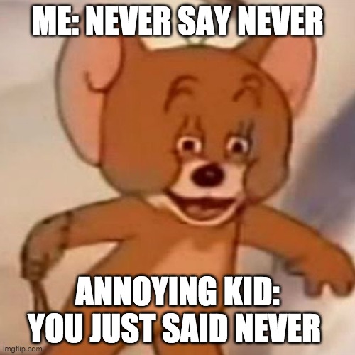 e | ME: NEVER SAY NEVER; ANNOYING KID: YOU JUST SAID NEVER | image tagged in polish jerry | made w/ Imgflip meme maker