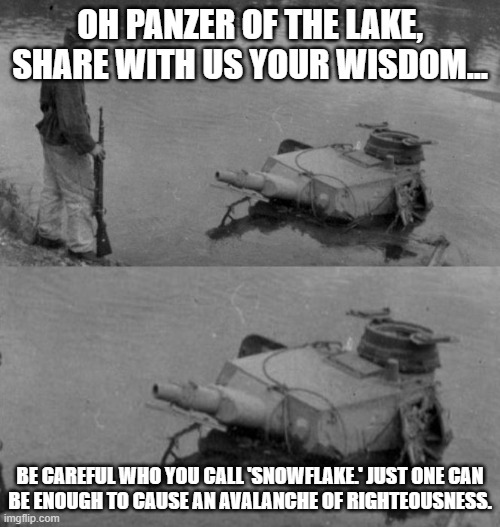 Panzer of the lake | OH PANZER OF THE LAKE, SHARE WITH US YOUR WISDOM... BE CAREFUL WHO YOU CALL 'SNOWFLAKE.' JUST ONE CAN
BE ENOUGH TO CAUSE AN AVALANCHE OF RIGHTEOUSNESS. | image tagged in panzer of the lake | made w/ Imgflip meme maker