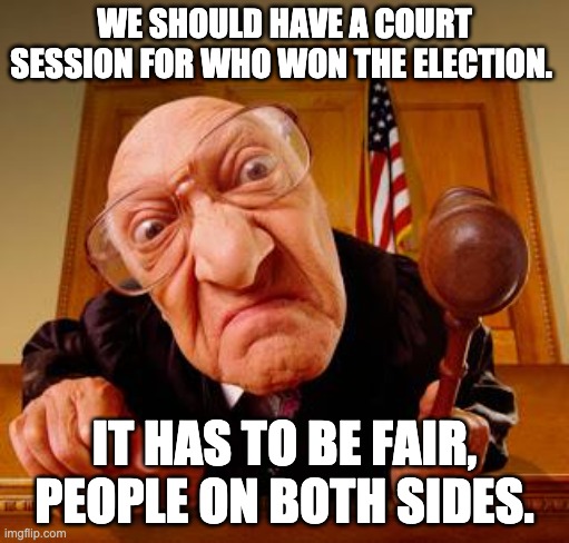 Trial | WE SHOULD HAVE A COURT SESSION FOR WHO WON THE ELECTION. IT HAS TO BE FAIR, PEOPLE ON BOTH SIDES. | image tagged in mean judge | made w/ Imgflip meme maker