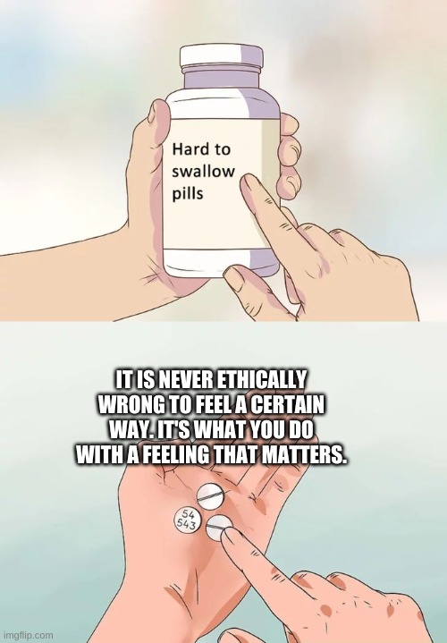 Emotions | IT IS NEVER ETHICALLY WRONG TO FEEL A CERTAIN WAY. IT'S WHAT YOU DO WITH A FEELING THAT MATTERS. | image tagged in memes,hard to swallow pills,emotional incontinence,adulthood,maturity | made w/ Imgflip meme maker
